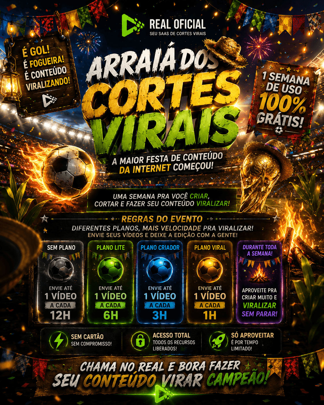 Banner do Arraiá Real do Real Oficial, com bandeirinhas de festa junina e processamento de vídeo grátis