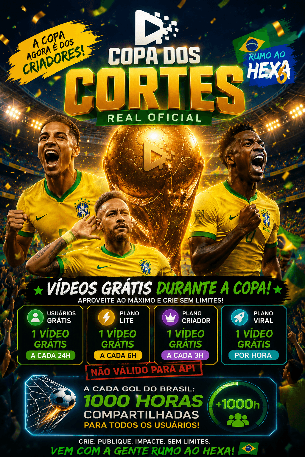 Banner da Copa dos Cortes do Real Oficial, com as cores do Brasil e processamento de vídeo grátis durante a Copa do Mundo