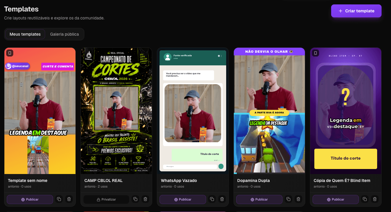 Tela de templates do Real Oficial com cinco layouts de corte criados pelo streamer: gameplay dividido, campeonato, conversa de WhatsApp, dopamina dupla e blind item